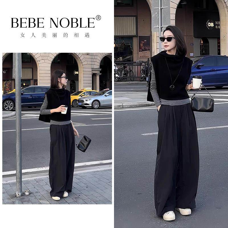 BEBE NOBLE黑色针织套装女士2024秋季高级感小香风马甲背心三件套