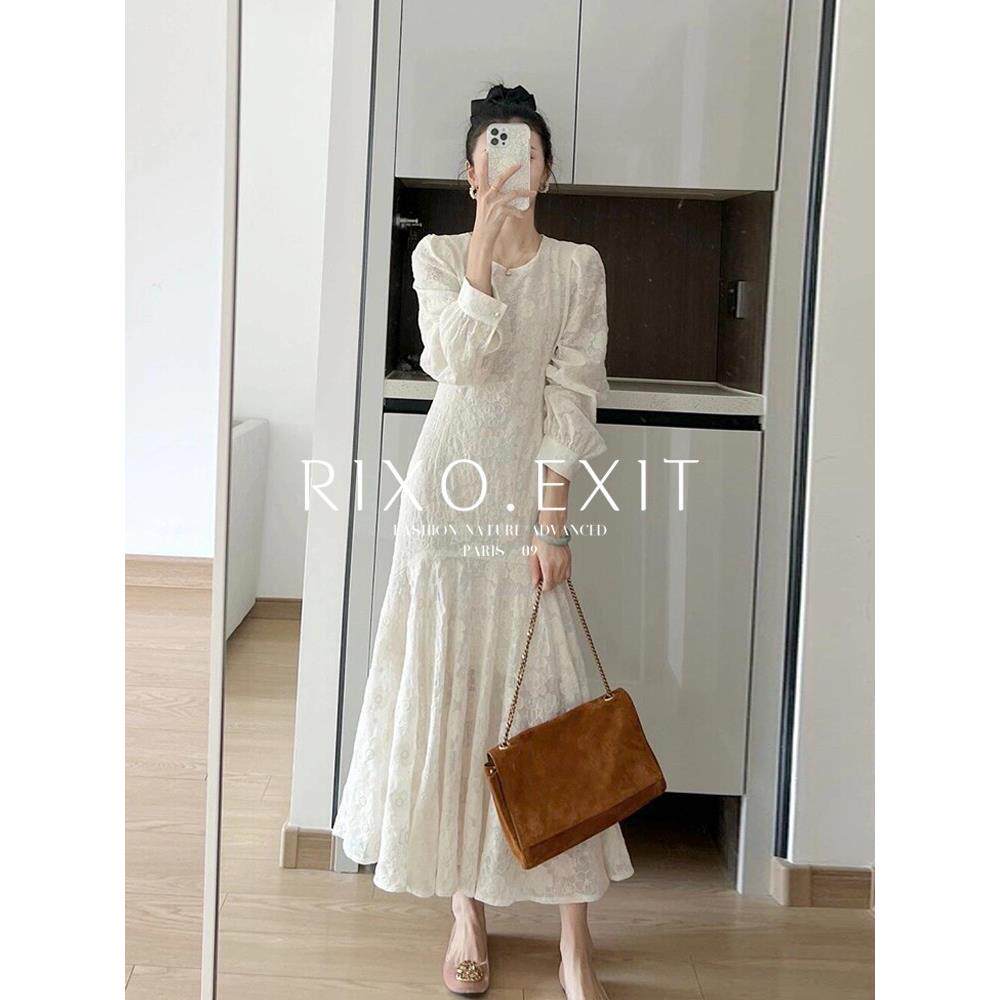 RIXO EXIT法式茶歇蕾丝连衣裙女高级感气质名媛刺绣鱼尾长裙早春