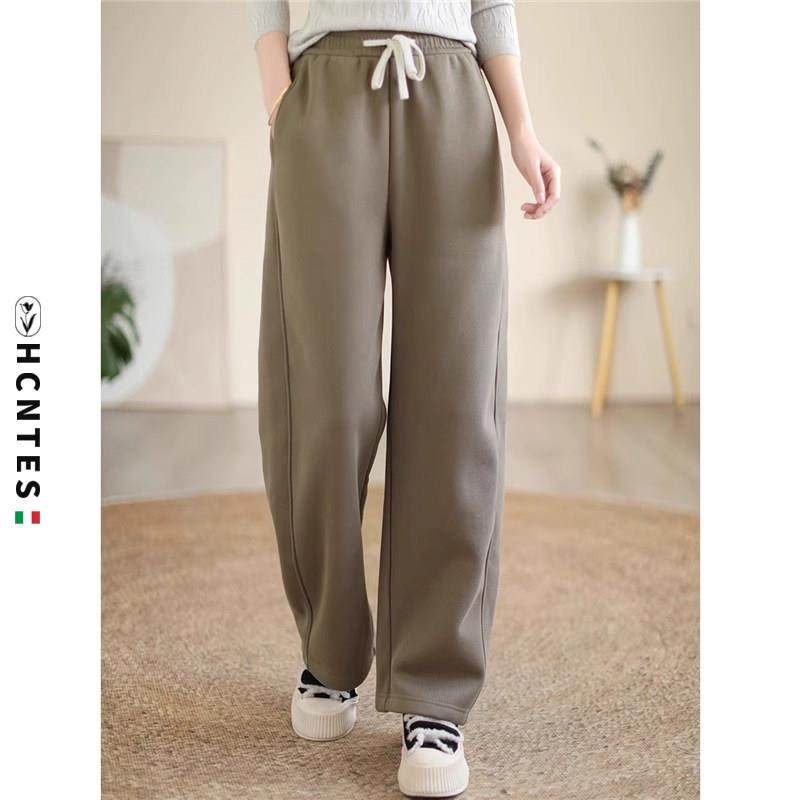 HCNTES加绒直筒裤女2024冬新款复古松紧腰垂感显瘦加厚通勤休闲裤