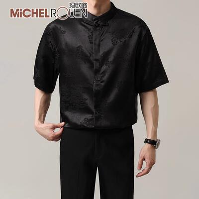 玛欧璐奢侈品牌夏季新款中式冰丝透气短袖衬衫男潮流国风刺绣衬衣