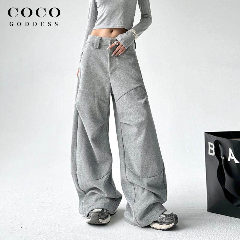 灰色重磅运动卫裤女2025春季新款宽松褶皱设计感直筒阔腿休闲长裤
