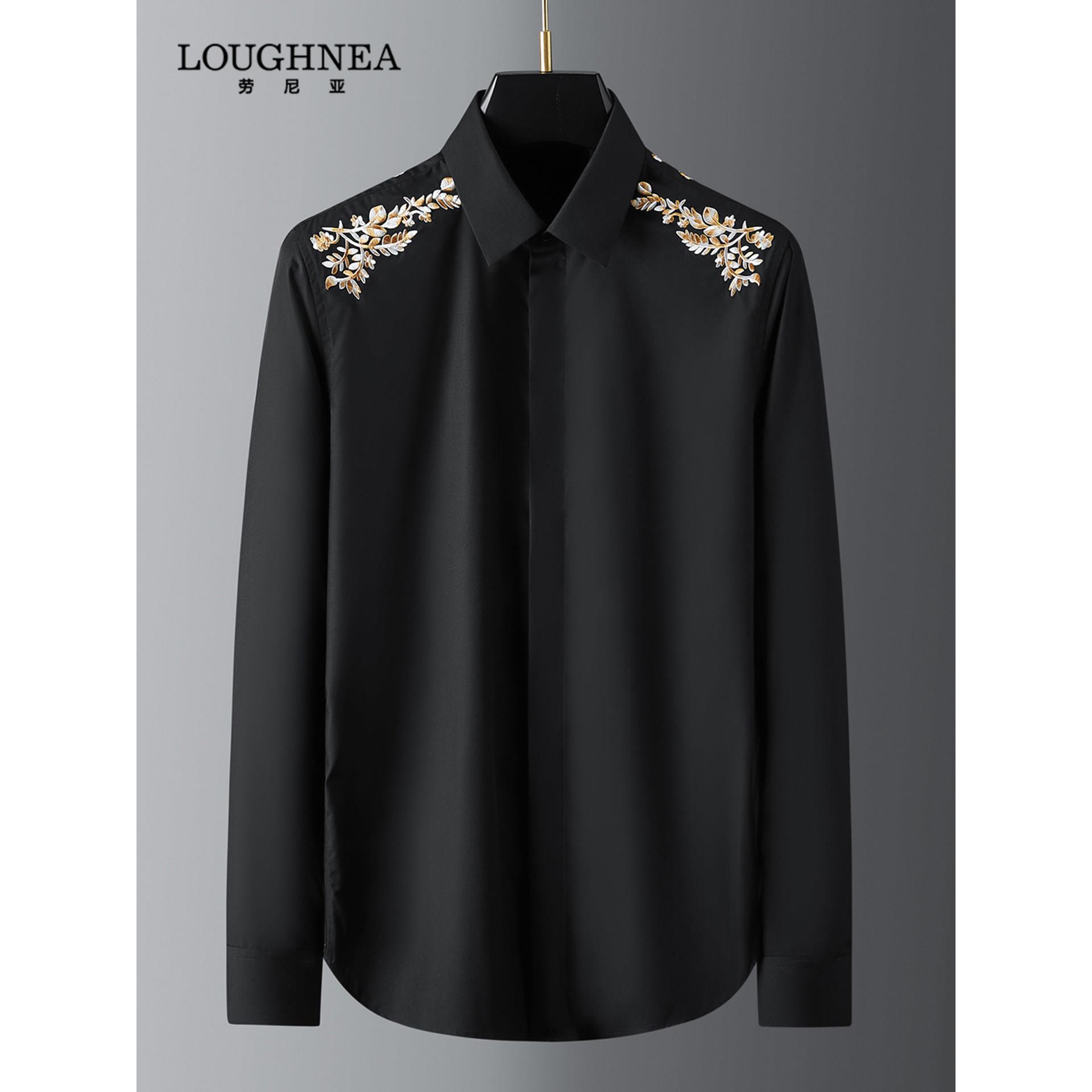 LOUGHNEA高端刺绣黑色衬衫男士长袖春秋高级感新中式修身休闲衬衣
