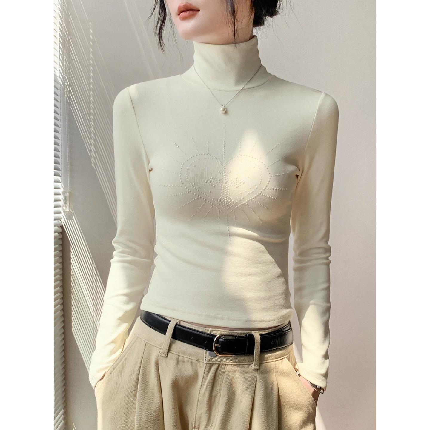 SPYB黑色爱心烫钻高领长袖T恤女款春秋新款修身显瘦小众正肩上衣