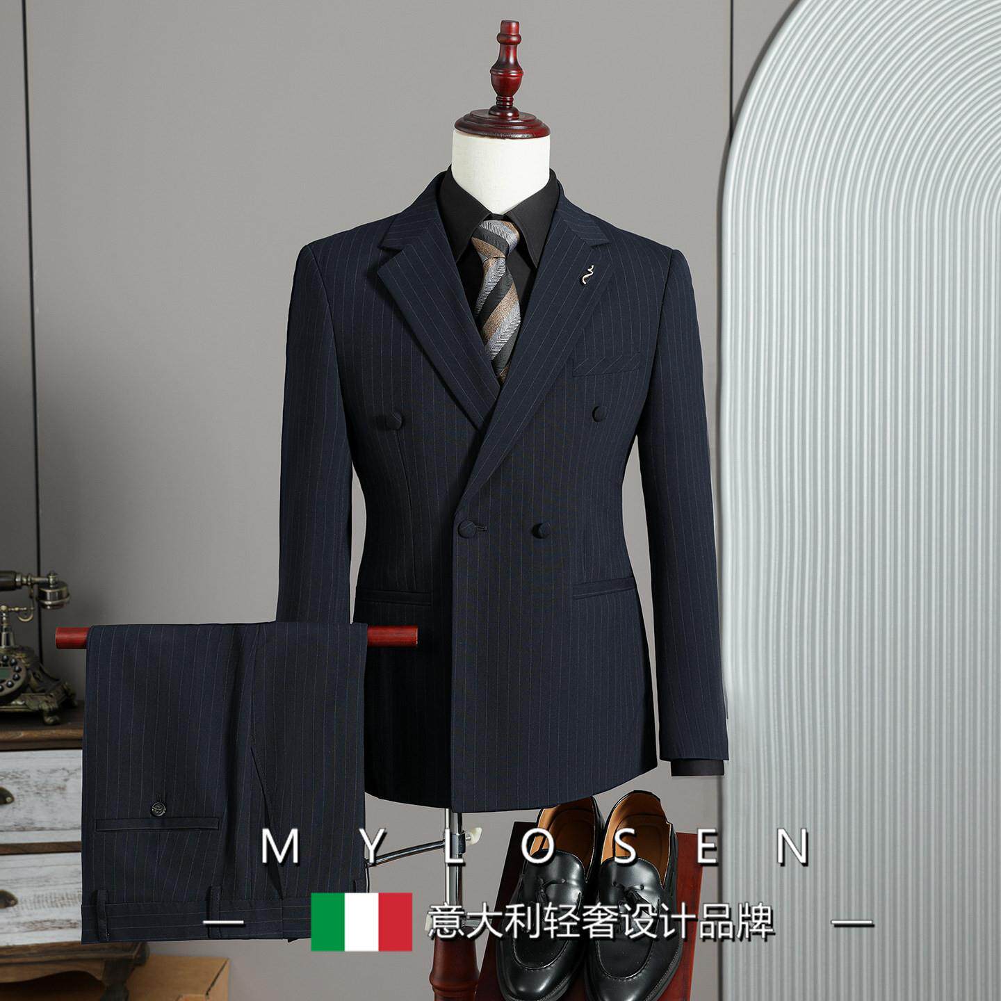 迈洛森复古条纹双排扣西装男套装商务休闲正装新郎结婚礼服三件套