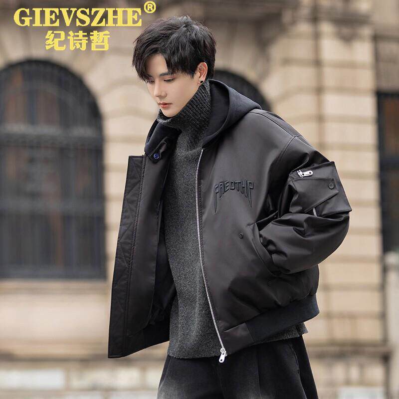 纪诗哲连帽短款羽绒服男2025冬季加厚宽松休闲潮牌保暖棒球服外套