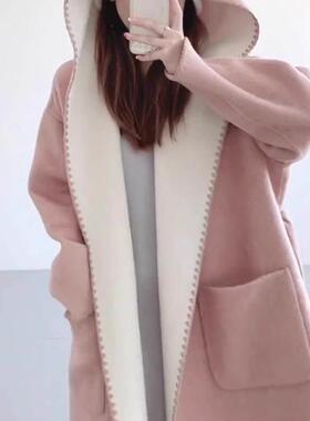 Capacity Kiss双面羊绒大衣女连帽秋冬粉色洋气大码宽松毛呢外套