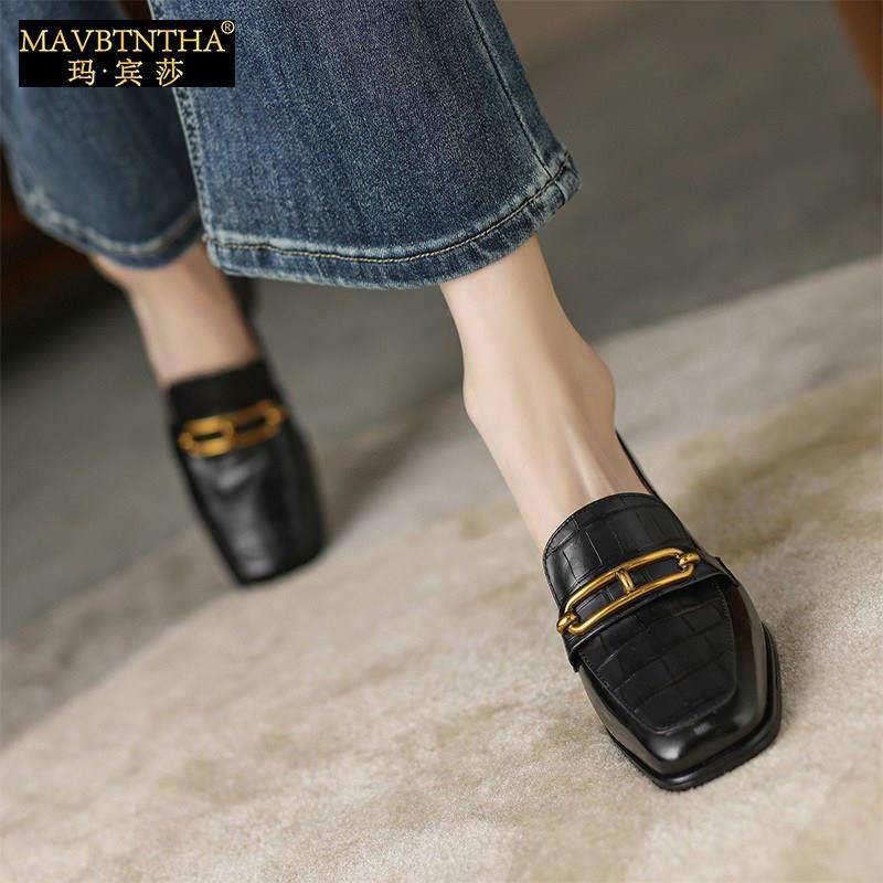 玛宾莎新款真皮方头粗跟单鞋女覆古百搭通勤小皮鞋气质高跟乐福鞋,女鞋,浅口单鞋,淘宝优惠券,粉丝福利购,淘宝优惠卷