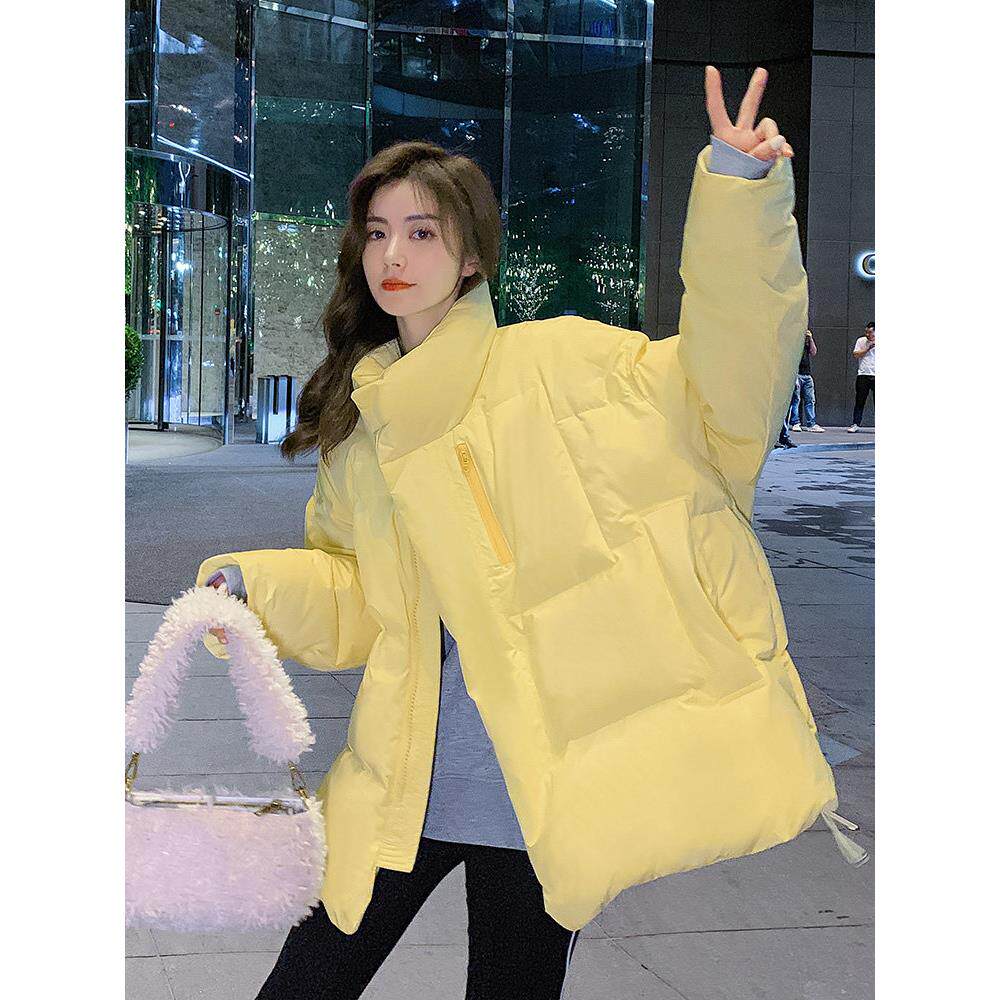MAMEGTG短款羽绒服女冬季新款立领小个子黄色宽松阔版白鸭绒外套