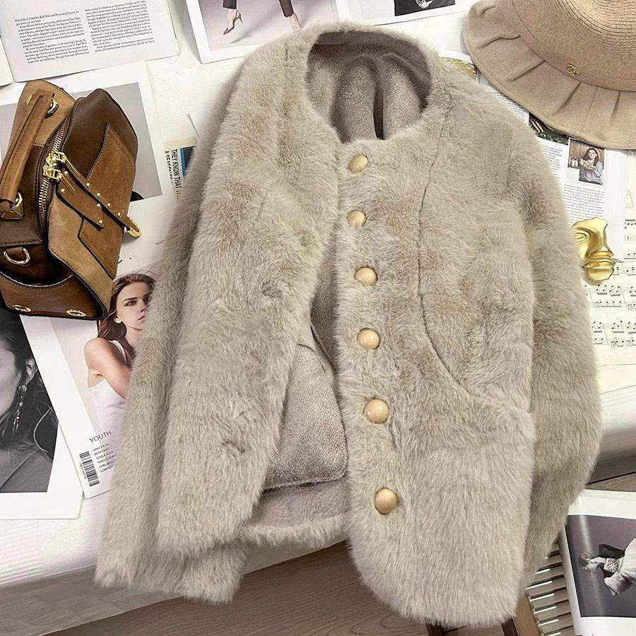 LILY MOST灰色小香风水貂绒短外套女2025冬装新款毛绒绒毛呢上衣