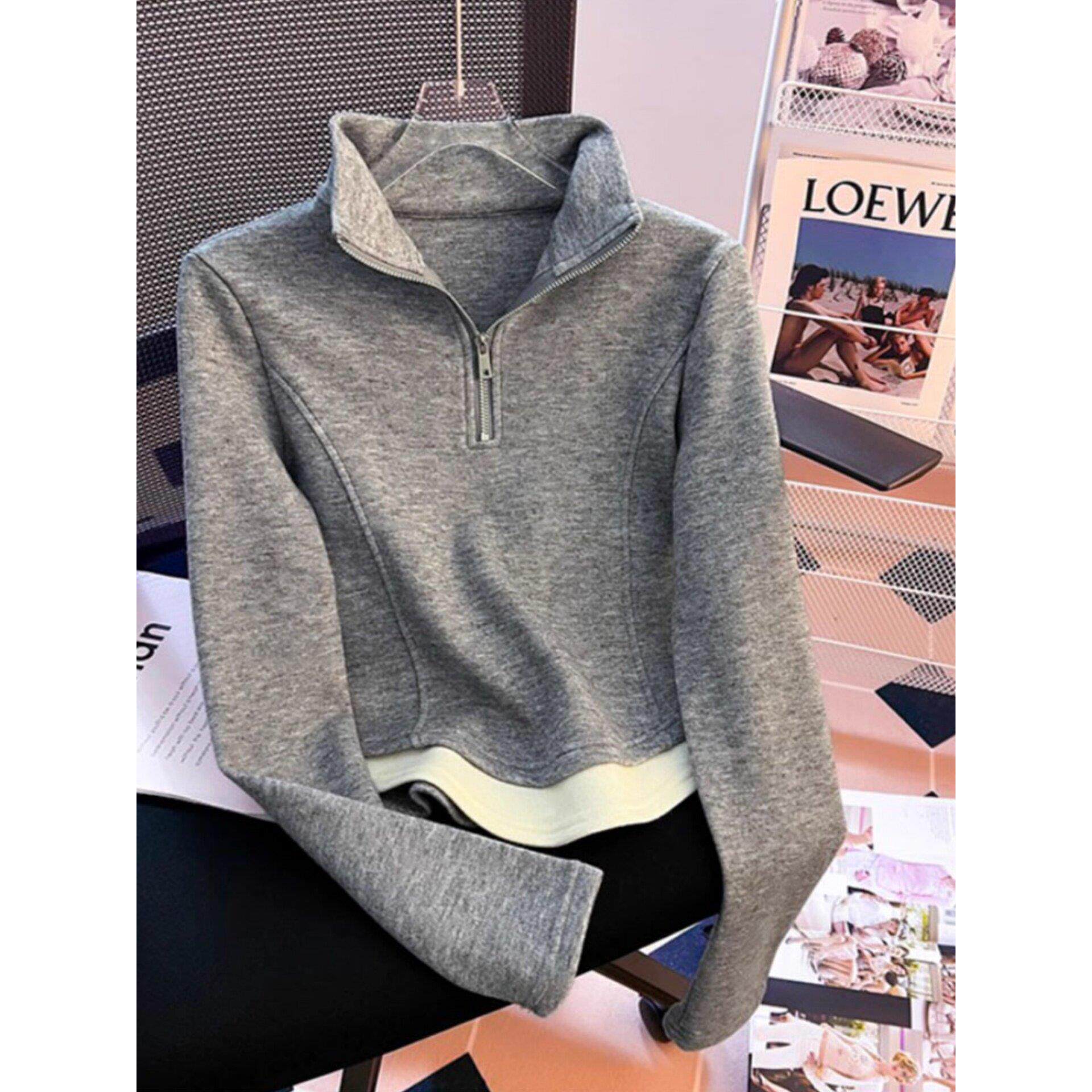 韩国灰色假两件立领拉炼卫衣女2025初秋新款气质显瘦短款长袖上衣