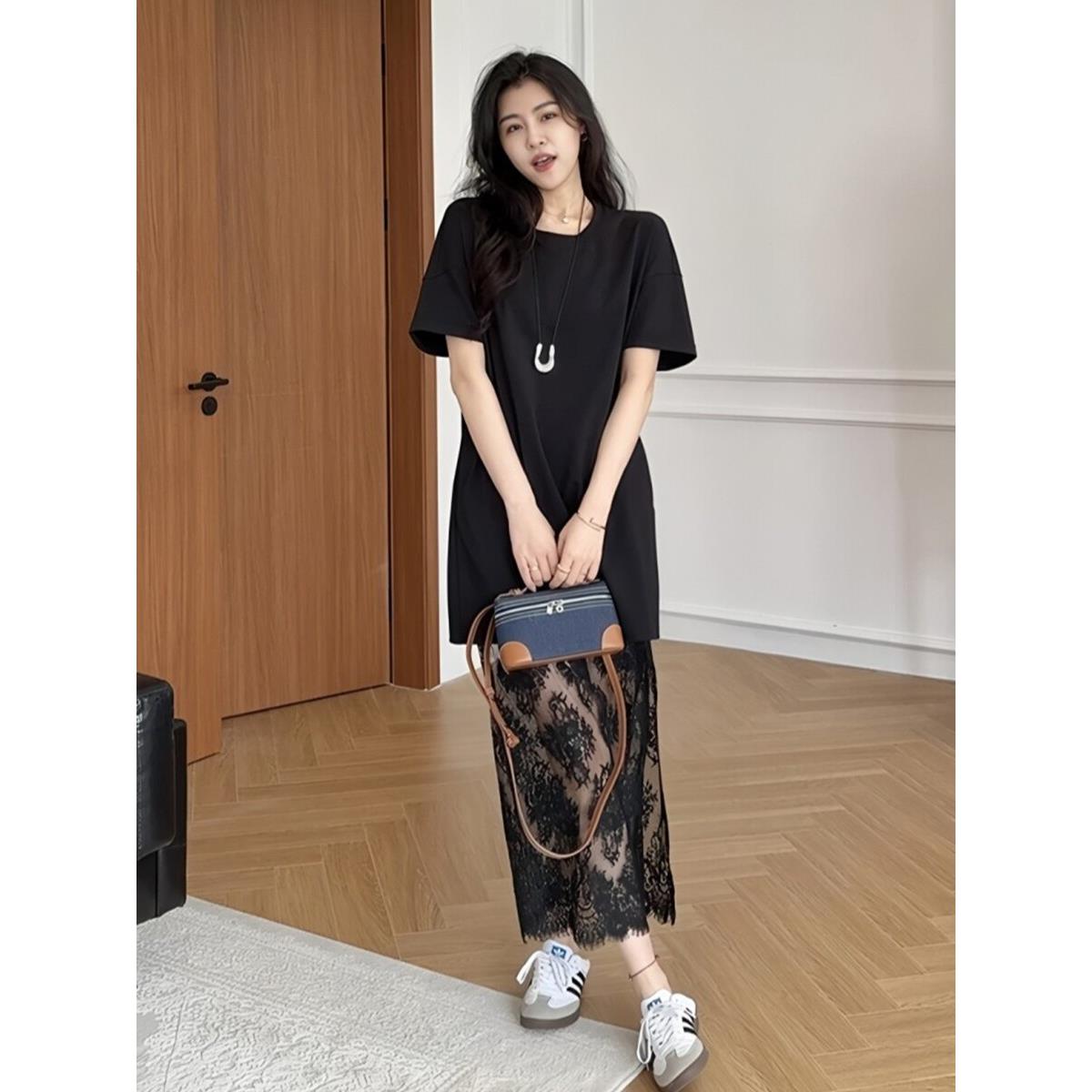 LILY MOST大码女装T恤上衣蕾丝半裙夏新款胖mm显瘦黑色裙子两件套