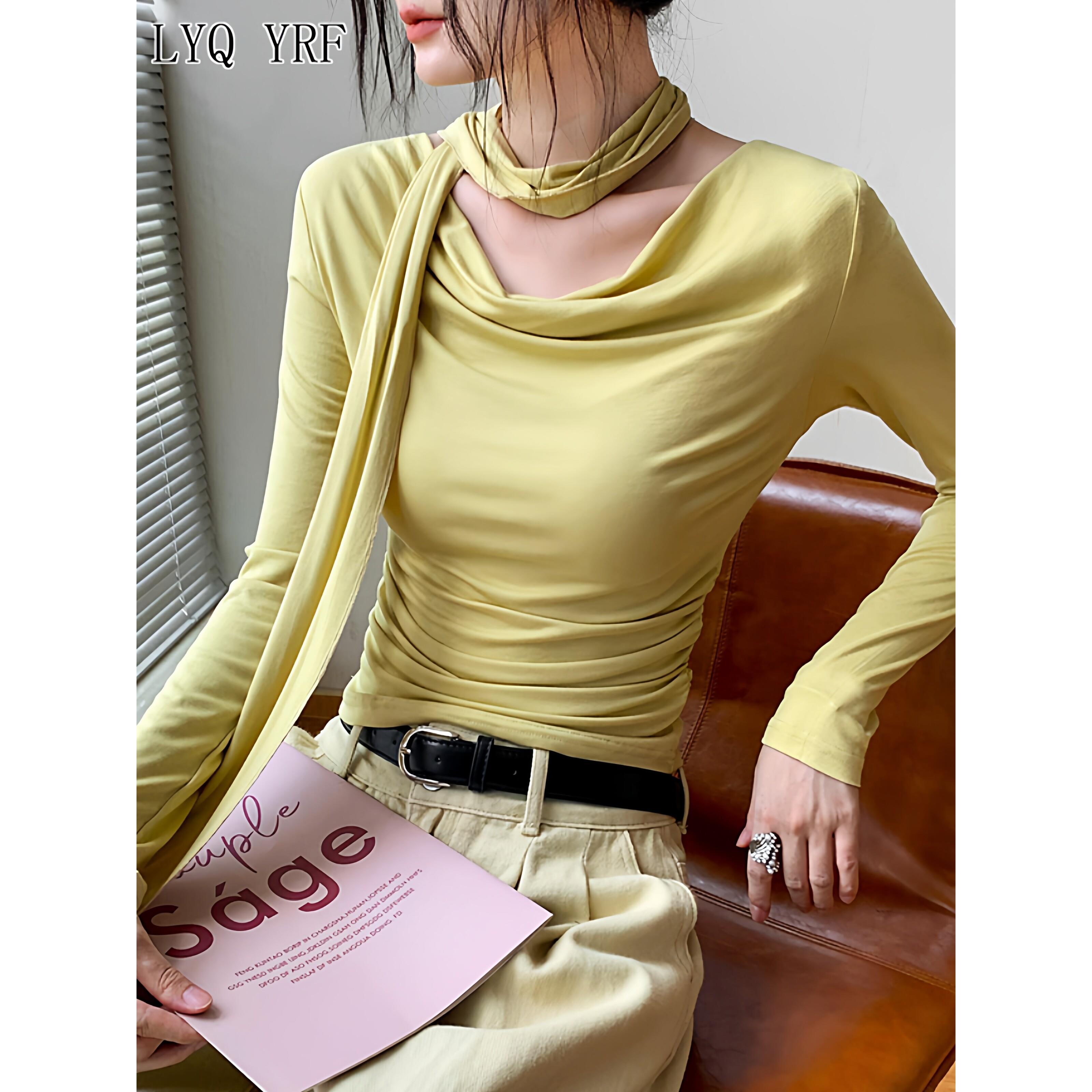 Lyq yrf法式围脖长袖T恤女秋季新款修身显瘦穿搭纯色洋气小众上衣