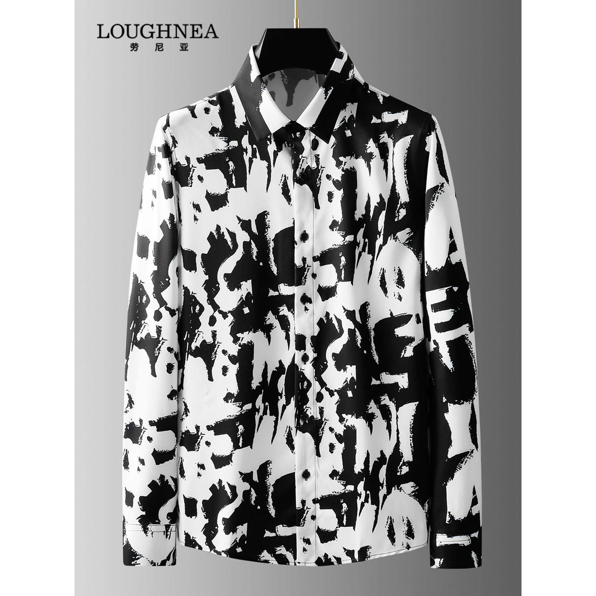 LOUGHNEA轻奢欧美风涂鸦黑白花衬衫男士长袖春秋时尚潮流痞帅衬衣
