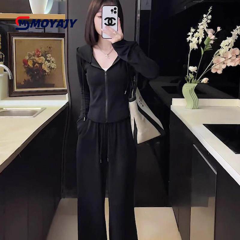 MOYAJY品牌黑色套装女秋冬新款高腰垂感直筒休闲阔腿裤抽绳两件套,女装/女士精品,休闲运动套装,淘宝优惠券,粉丝福利购,淘宝优惠卷