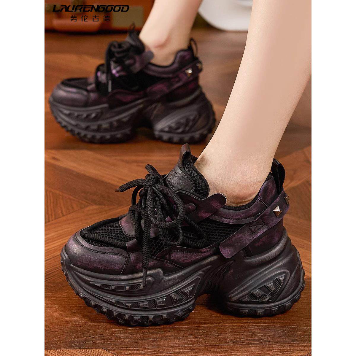 黑色厚底老爹鞋女2025新款爆款真皮增高运动鞋轻便显脚小鞋子女款