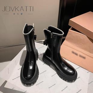 JOVKATTI粗跟厚底这种马丁靴女2025新款秋冬中跟真皮圆头小众短靴