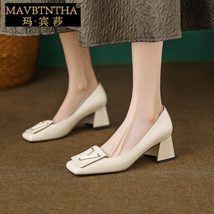 玛宾莎名媛法式高跟鞋粗跟2025新款时尚韩版真皮方头浅口气质单鞋,女鞋,浅口单鞋,淘宝优惠券,粉丝福利购,淘宝优惠卷