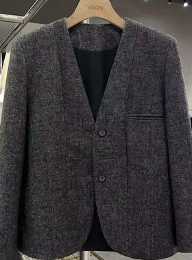 LILY MOST深灰色质感简约毛呢西装外套女2025新款冬季老钱风西服