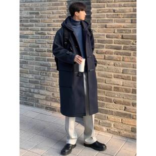 高端羊毛大衣男秋冬季2025新款加厚宽松中长款牛角扣连帽毛呢外套