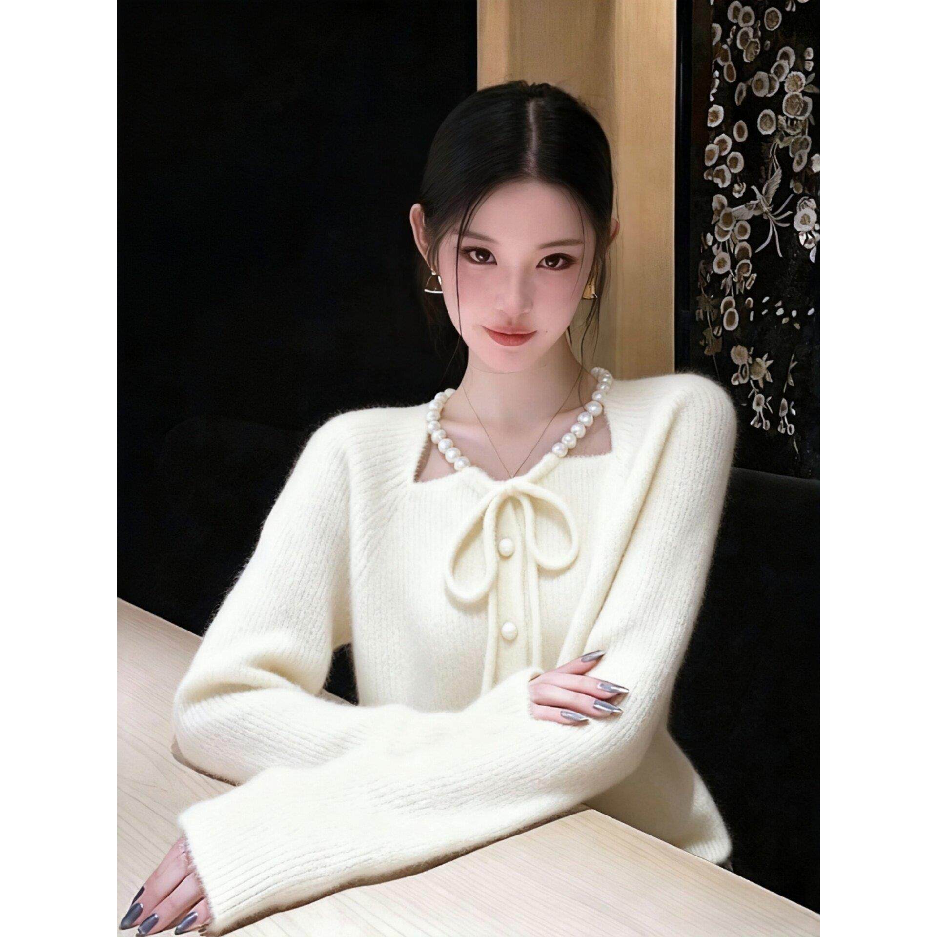 高奢白色挂脖珍珠重工系带毛衣女春秋季可外穿高级感针织开衫上衣