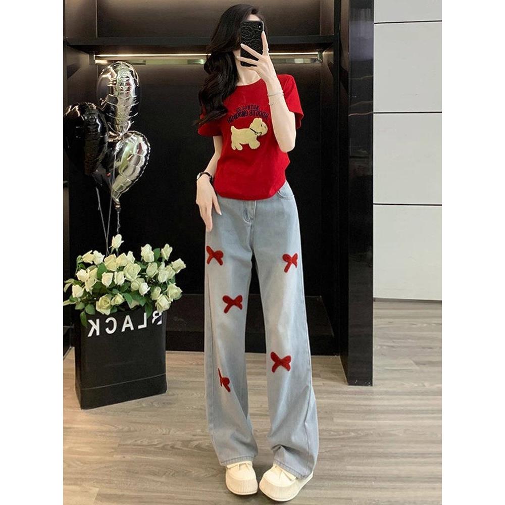 SUPDORX活泼减龄套装女夏季洋气可爱红色短袖T恤阔腿牛仔裤两件套