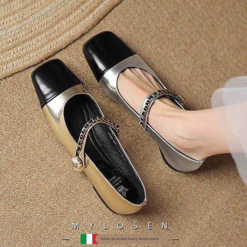 迈洛森小香风银色单鞋女2025新款真皮拼色玛丽珍鞋平底法式小皮鞋