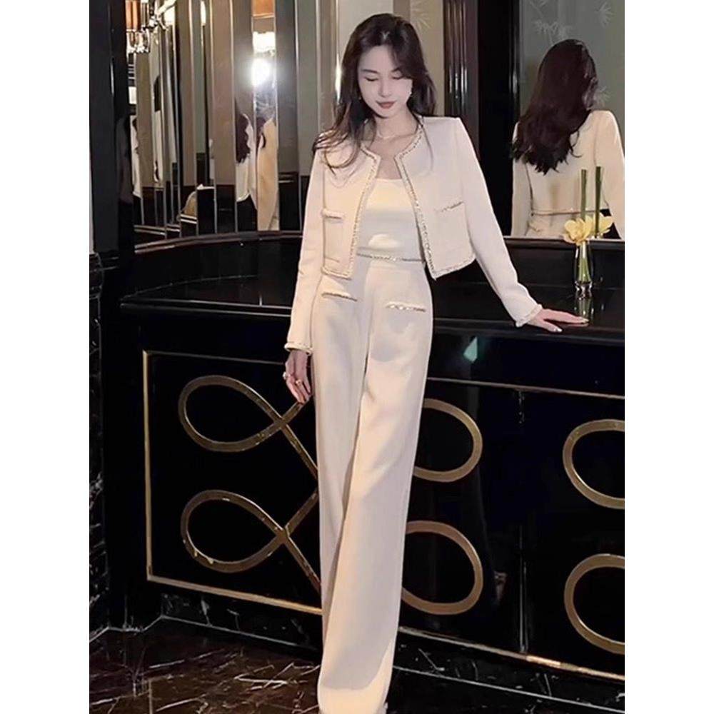 Supdorx易读奢华优雅时尚套装女式秋风修身短外衣阔腿裤两件套