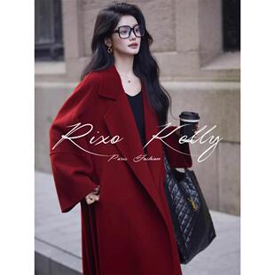 RIXO 高级翻领系带收腰红色氛围感双面羊绒呢子大衣 STREET法式