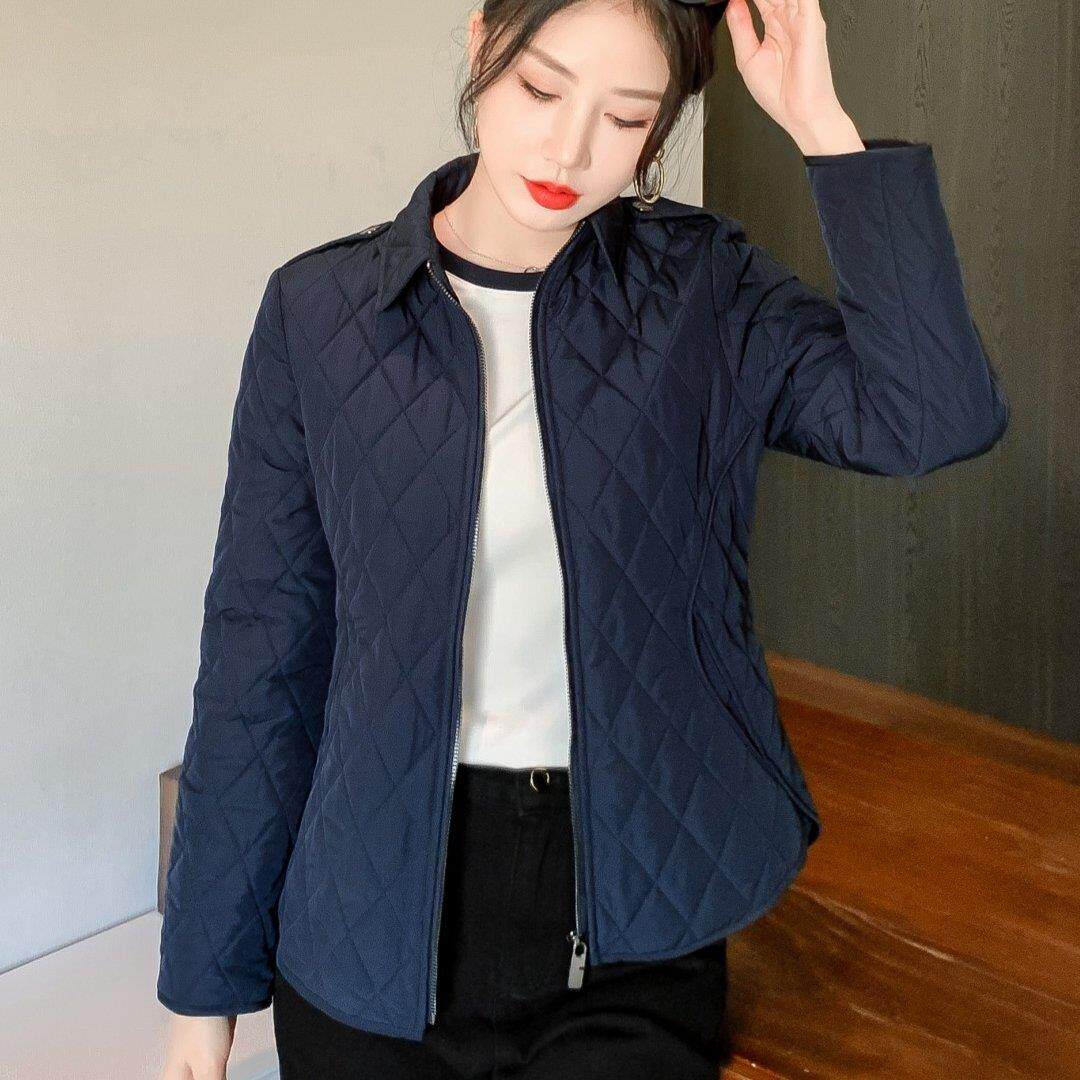 轻奢2026英伦风春季新款女装气质翻领修身菱格棉服保暖轻盈外套潮