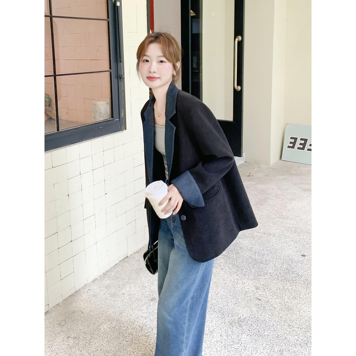 LILY MOST雪尼尔撞色拼接牛仔西装外套女春新款韩系高级感西服潮