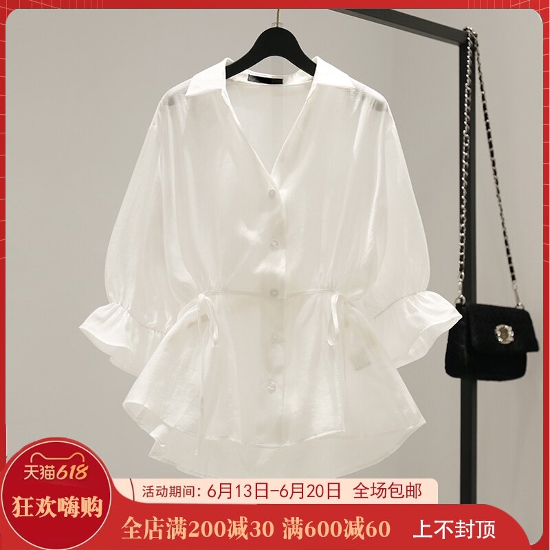雪紡V領收腰裙擺襯衫女夏2021新款韓版寬松荷葉邊娃娃衫上衣薄款在類目 女裝/女士精品, 襯衫中 - 來自Buy2taobao.com提供專業的淘寶代購服務
