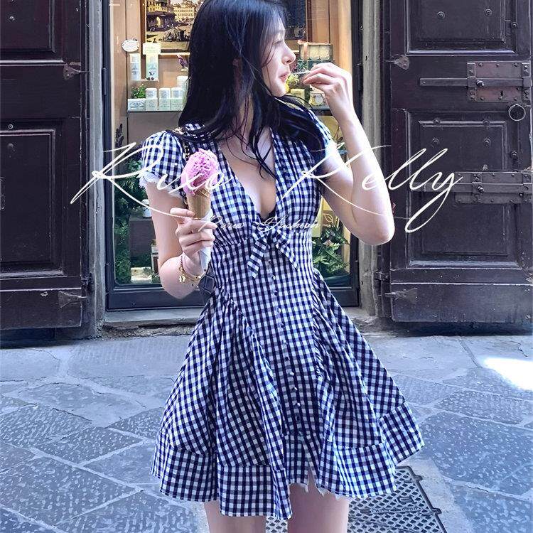 RIXO STREET夏季纯欲减龄蕾丝拼接格纹连衣裙V领短款显瘦A字裙子