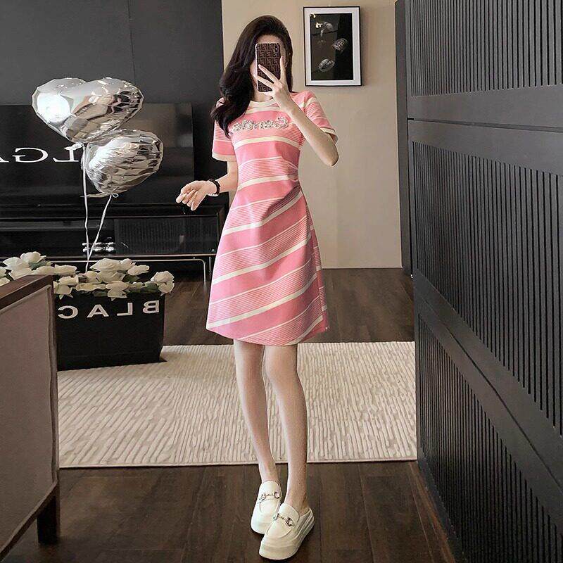 SUPDORX粉色洋装女士夏季收腰显瘦减龄小个子法式休闲 爆款T恤裙