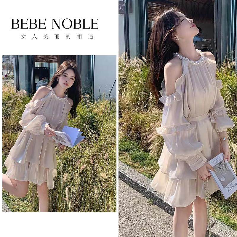 BEBE NOBLE法式挂脖露肩连衣裙女2025春季度假风长袖公主裙蓬蓬裙