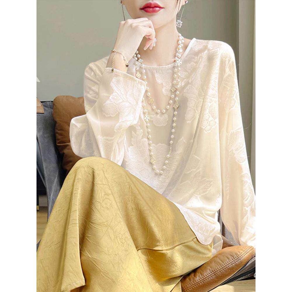 YENR新中式国风暗纹绣花圆领长袖上衣女外搭套头长袖空调衫防晒衫