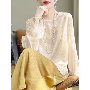 YENR新中式国风暗纹绣花圆领长袖上衣女外搭套头长袖空调衫防晒衫