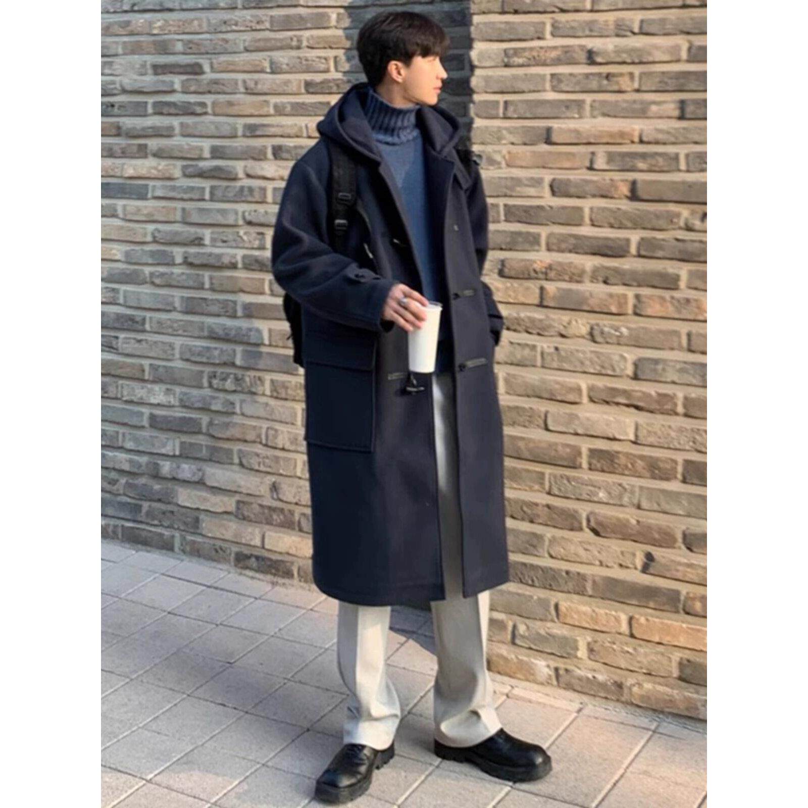 高端羊毛大衣男秋冬季2025新款加厚宽松中长款牛角扣连帽毛呢外套
