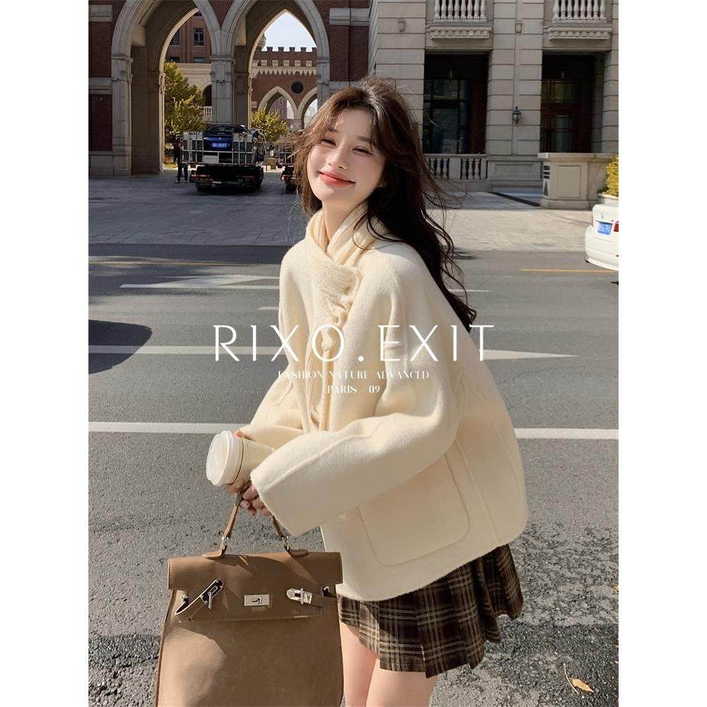 RIXO EXIT小香风短款双面呢大衣女款秋冬今年流行围巾领毛呢外套