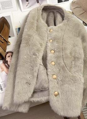 LILY MOST灰色小香风水貂绒短外套女2025冬装新款毛绒绒毛呢上衣