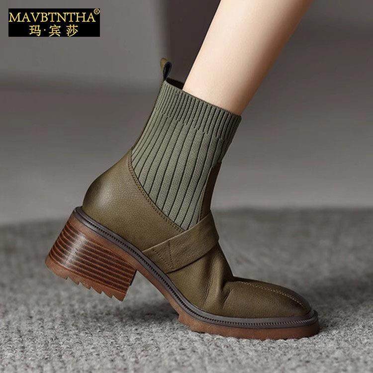 玛宾莎新款短靴女袜靴加绒方头粗跟高跟靴真皮毛线口绿色马丁靴女,女鞋,弹力靴/袜靴,淘宝优惠券,粉丝福利购,淘宝优惠卷