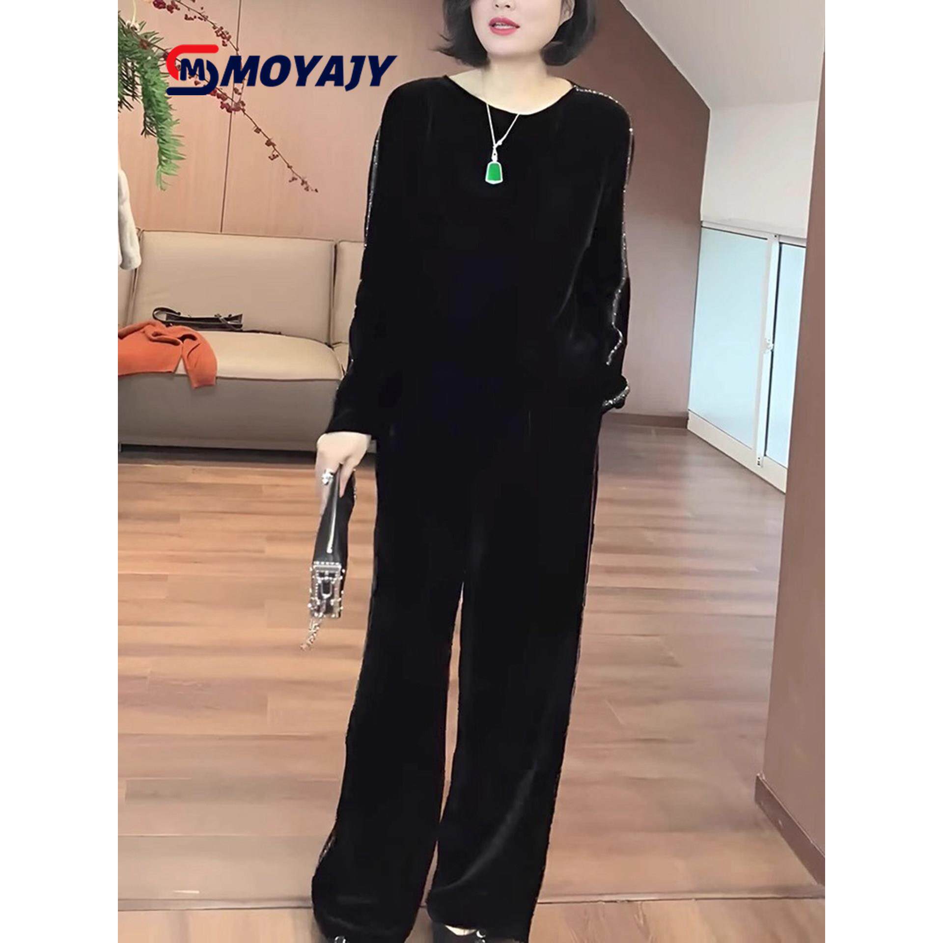 MOYAJY品牌休闲套装女春秋新款黑色金丝绒亮片宽松显瘦上衣阔腿裤