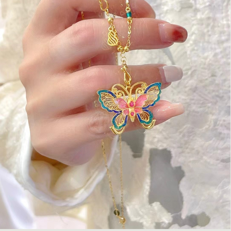 5G黄金花丝蝴蝶项链女款999足金宫廷风珐琅锁骨链调节纯金一体链