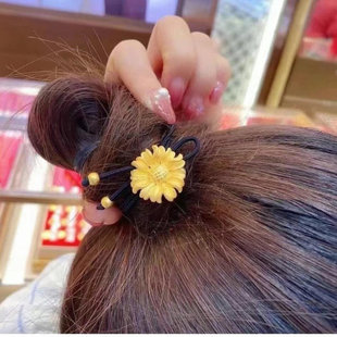 3D硬金黄金向日葵头绳999足金转运珠扎头发马尾太阳花头饰送女友
