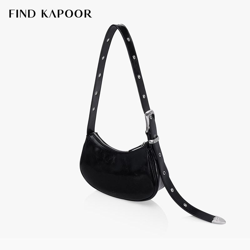 FIND KAPOOR梵德卡普尔女包单肩斜挎时尚拉链褶纹软皮黑色月牙包