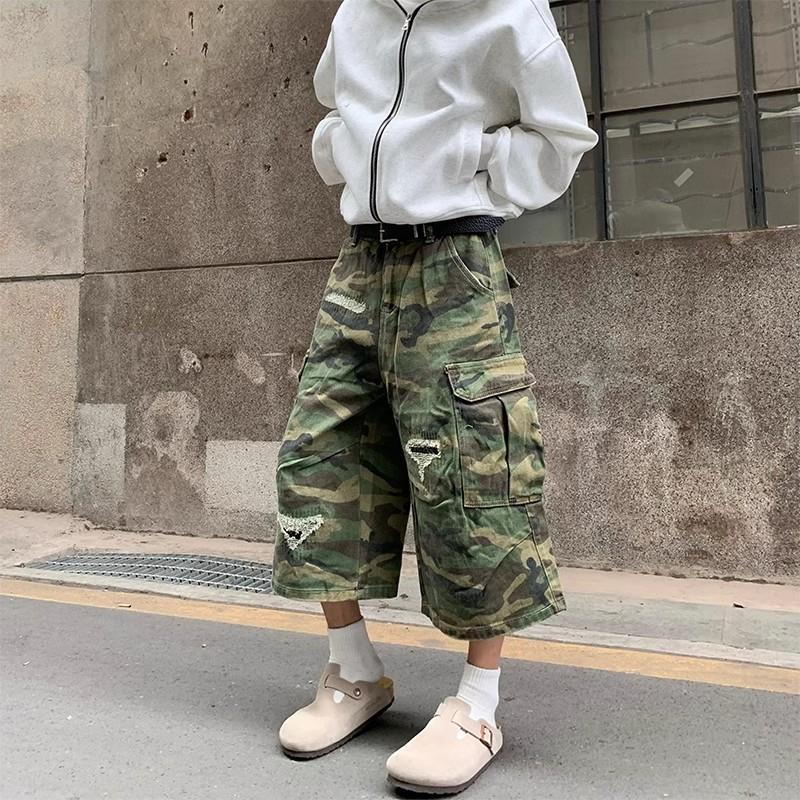 美式街头水洗破坏做旧口袋迷彩短裤男女夏季潮宽松休闲工装七分裤