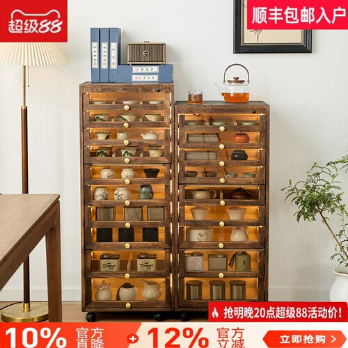实木带灯感应落地文玩茶具收纳柜