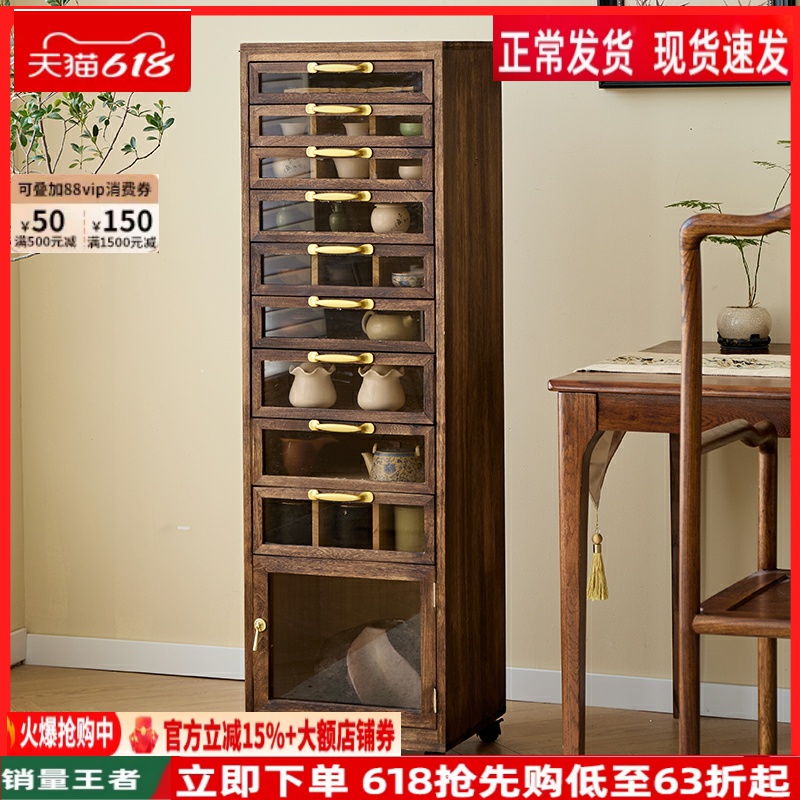 实木茶具收纳柜牙科柜首饰文玩整理柜子多层抽屉可视玻璃移动角柜