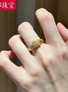5D硬金黄金琴纹戒指女999足金ins风镶嵌莫桑钻素圈指环纯金食指戒