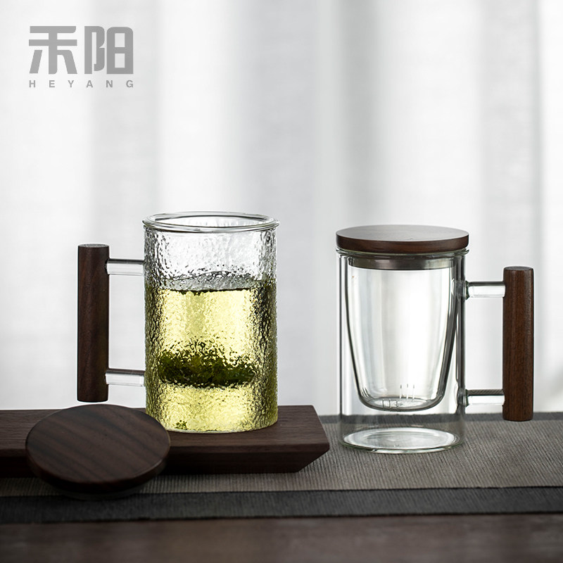 禾阳 玻璃茶杯带把绿茶杯水杯家用日式茶水分离杯泡茶杯办公杯子