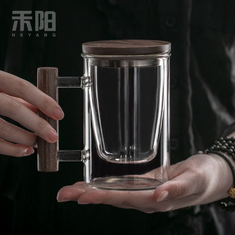 禾阳 玻璃茶杯带把绿茶杯水杯家用日式茶水分离杯泡茶杯办公杯子